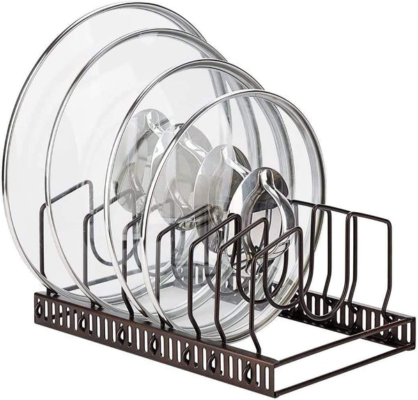 Toplife Pot Lids Organizer Rack, 7+ Pan Lids and Bakeware Holder with 7 Adjustable Compartments - Brown