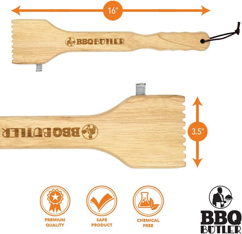 Wood Grill Scraper, Food Safe Oak Barbecue Cleaner with Metal Scraping Hook and Bottle Opener