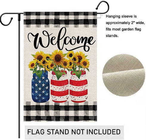 Welcome Summer Sunflowers Garden Flag 12.5 x 18 Inch, Patriotic Buffalo Plaid Double Sided Seasonal Decor
