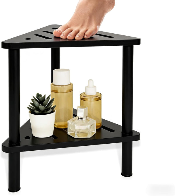 Yoshiky Black Shower Foot Rest 15in, Shower Stool for Shaving Legs, Waterproof Wood