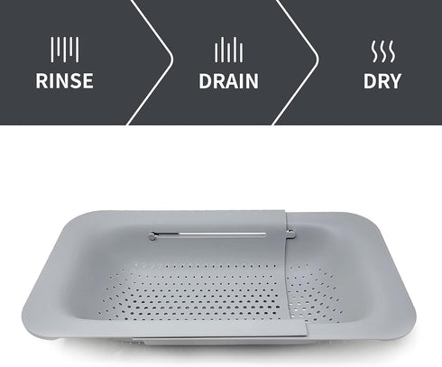 Makerstep Over the Sink Colander Strainer Basket, Expandable for Washing, Draining, and Drying, Grey Kitchen Essential