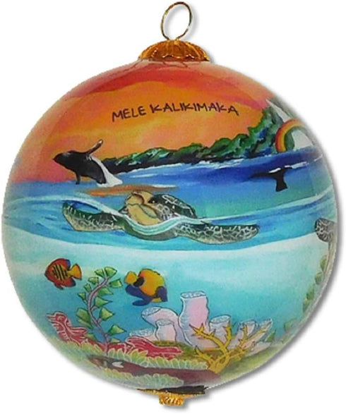 Collectible Hawaiian Glass Ornament, Hand Painted Sea Turtles in the Sunset with Gift Box