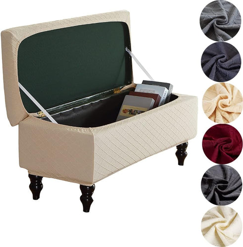 ANWUCHEN Rectangle Ottoman Cover - Stretch Slipcover with Storage, Elastic Bands Ties, Beige