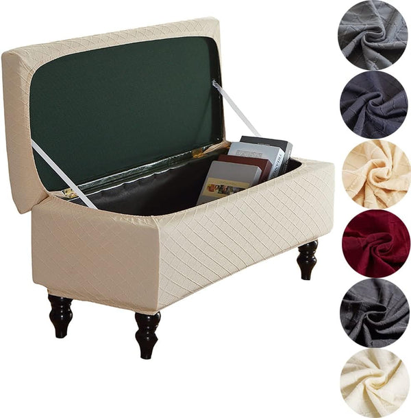 ANWUCHEN Rectangle Ottoman Cover - Stretch Slipcover with Storage, Elastic Bands Ties, Beige