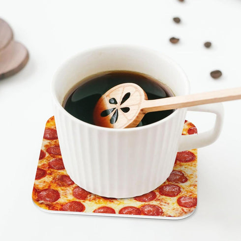 Set 4 Inches Set 6 Marble Coasters Square Leather Drinks Coaster with Holder for Coffee Table Bar Home Decor of (Pizza