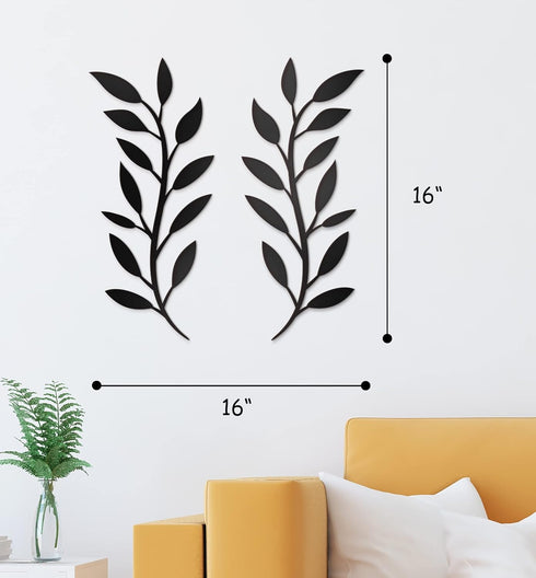 Vivegate 16"X16" Olive Branch Leaf Metal Wall Decor - 2 Black Wrought Iron Scroll Vine Art for Farmhouse Wall