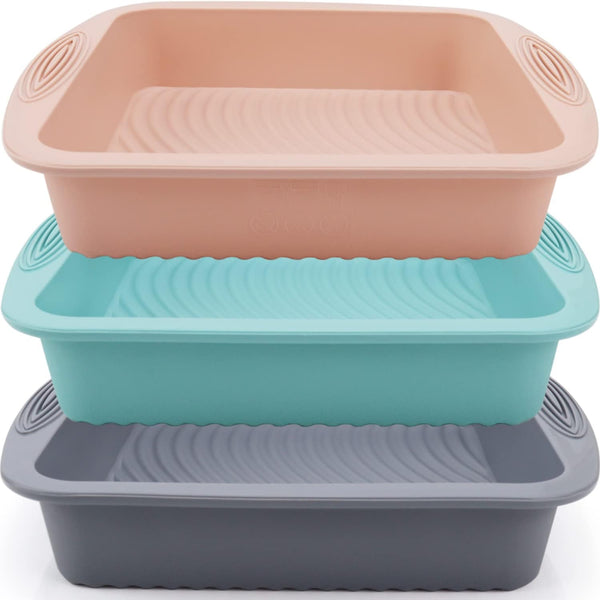 Silicone Square Cake Pan 3 Pack, Non-Stick, Heat Resistant for Baking Cakes, Brownies, Cheesecakes, 8.5 Inch