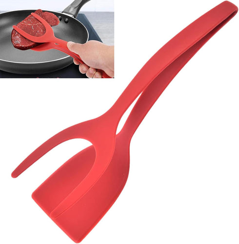 2 in 1 Grip and Flip Spatula Tongs, Large Non-Stick Food Clip Egg Turner for Cooking, Pancake, Omelet (Red)