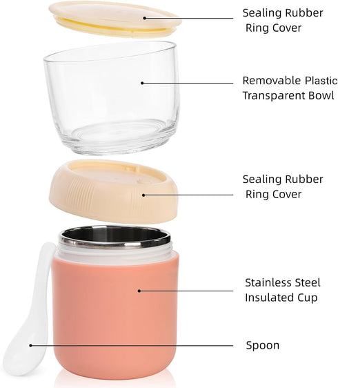 2 Pack 24oz 2-in-1 Eorbow Insulated Yogurt Container, Breakfast On the Go Cup with Plastic Topping Cereal Oatmeal Cup