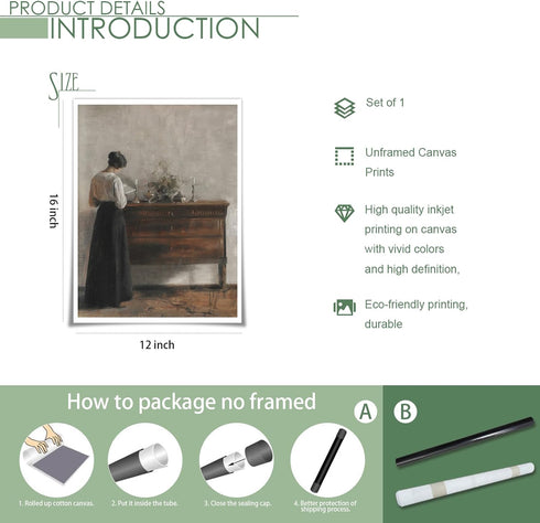 uoyien Vintage Danish Canvas Wall Art, Woman Reading Portrait Oil Painting, 12x16in Unframed Dark Academia Aesthetic