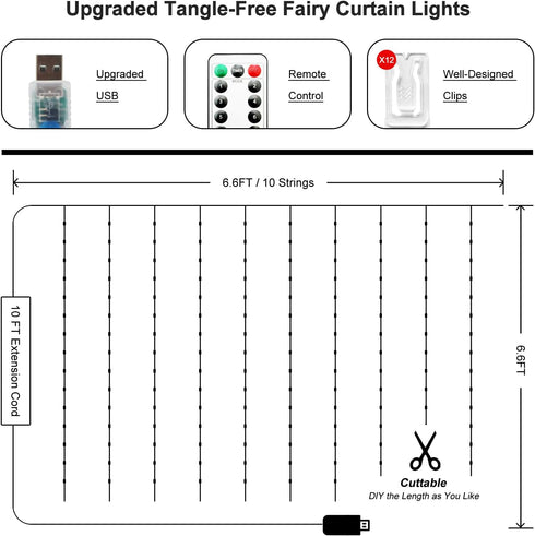 8 (6.6FTx6.6FT) Fairy Curtain Lights Upgraded Tangle-Free Warm White USB Plug in Modes String Hanging Lights