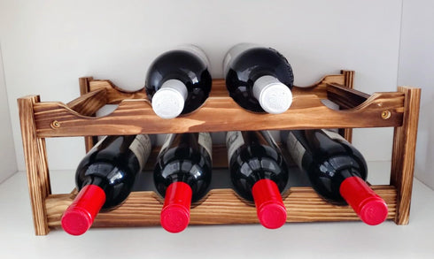Easy-Install 8-Bottle Wine Rack - Premium Carbonized Pine Wood, Two-Tier Design for Countertop, Home Kitchen Pantry