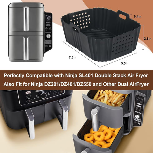 BYKITCHEN Air Fryer Silicone Liners for Ninja SL401 Double Stack 2 Basket Air Fryer, Reusable Rectangle Perforated Silicone Liners for Dual Air Fryer, Ninja DoubleStack XL Air Fryer Accessories by BYKITCHEN