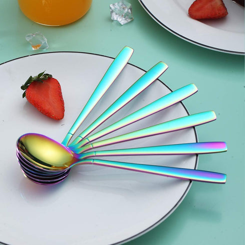 Berglander Rainbow Teaspoon, Stainless Steel Dessert Spoon with Colorful Titanium Plating, 6.5 Inches, Pack of 6
