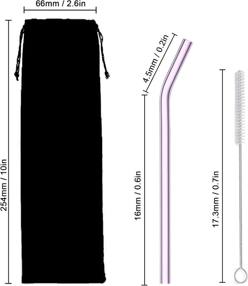 10 Pack Reusable Colorful Glass Straws, 8" Shatter-Resistant Bent Drinking Straws, Includes 2 Cleaning Brushes