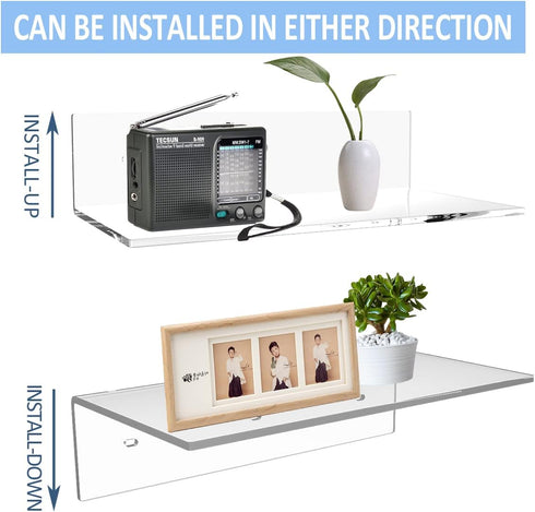 12 Inches 2 Pack, Plants(12 inch, Sezanrpt Acrylic Wall Shelves Floating Shelf for Wall Mounting, Acrylic Display