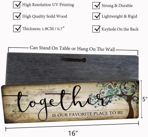 Family Art Decor Inspirational Quotes Wall Hanging Sign - Together is Our Favorite Place to Be, Motivational Wood