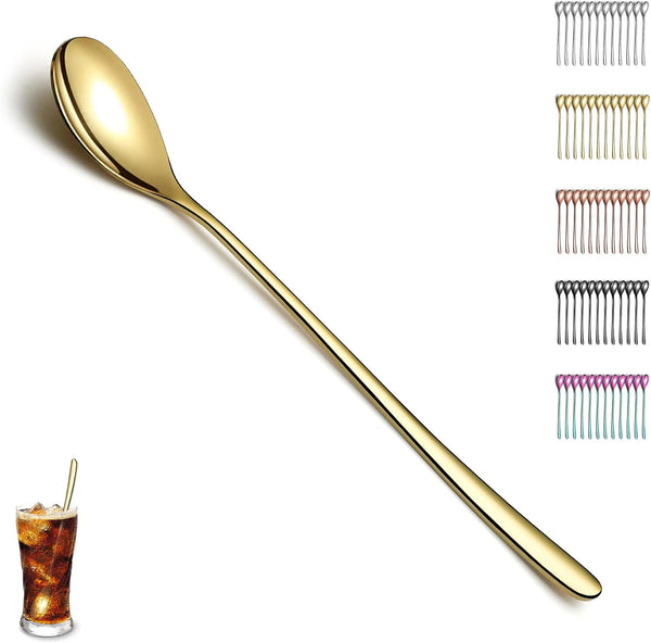 Gold Long Handle Iced Tea Spoons, Set of 12 Pieces, Titanium Plating Gold Stainless Steel Teaspoons, Dishwasher Safe