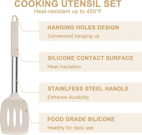E-far Silicone Cooking Utensils Set, 7 Pcs Heat Resistant Kitchen Utensils with Stainless Steel Handle for Nonstick