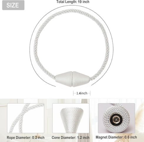 Magnetic Curtain Tiebacks 2 Pack Outdoor Rope Curtain Tie Backs Decorative Window Treatment Holdbacks for Home Decorative Curtain, White