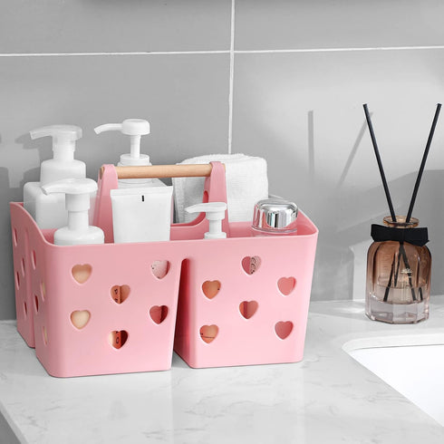 Anyoifax Portable Shower Caddy Plastic Basket with Wood Handle Divided Shower Tote Storage Organizer with Compartments for Bathroom, College Dorm, Kitchen, Bedroom - Pink by Anyoifax