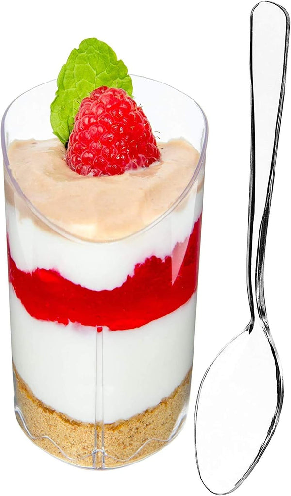 DLux Mini Dessert Cups 28 x 3 oz with Spoons, Clear Plastic Slanted Triangle Parfait Appetizer Cup - Small Reusable