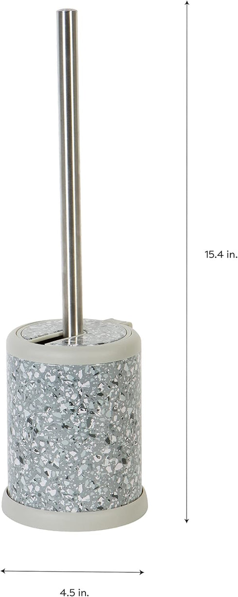 Bath Bliss Toilet Brush and Holder with Self Closing Lid, 360 Degree Brush Head, Compact Size, Terrazzo Grey with Pink