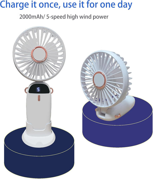 Portable Handheld Fan, Type-C Rechargeable 2000mAh Desk Personal Fan, 90° Adjustable Neck Fan with 5 Speed Wind (White)