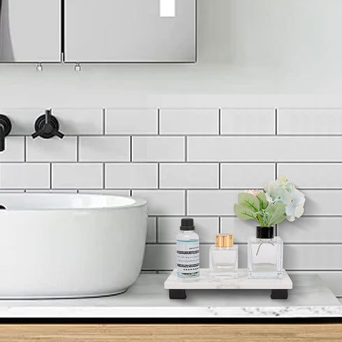 Bathroom Vanity Tray, White Marble Toilet Tank Tray, Luxurious Small Display Tray for Countertop Accessories (Black,