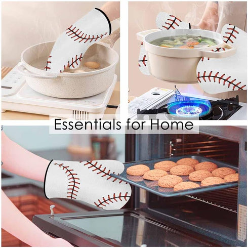 Baseball Stitches Oven Mitts and Pot Holders Set, Softball Laces Design Heat Resistant 3pcs for Baking