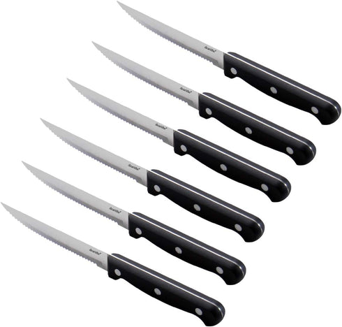 Set of 6 Steak Knives, Black Full-Tang Triple Rivet Serrated Stainless Steel Flatware, 4.5 Inches, Dishwasher Safe