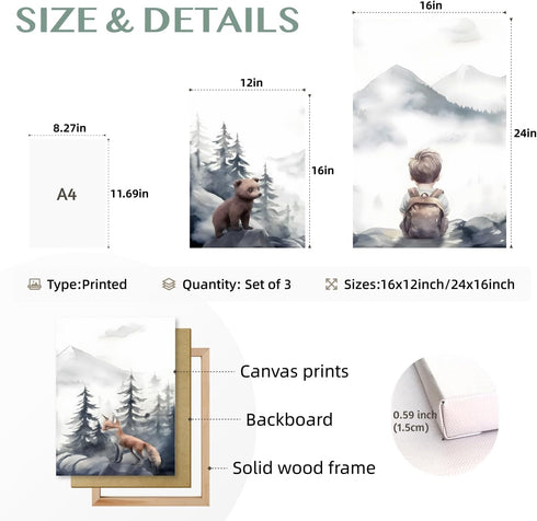 Cyebmo Set 3, 12"x16"x3 Framed Woodland Boy Nursery Wall Art of Whimsical Boy Adventure Wall Decor, Mountain Forest