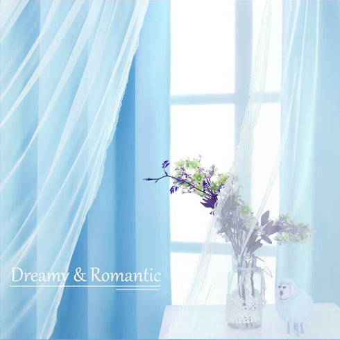 84 inch 2 Light Blue Blackout Curtains Length - Double Layers Blue Romantic Curtains with Sheer Overlay, Window