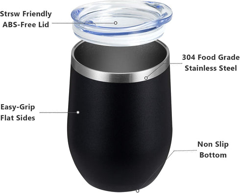 MEWAY 12oz Stemless Wine Tumbler Glasses with Lid - Insulated Double Wall Vacuum Stainless Steel Travel Tumbler with
