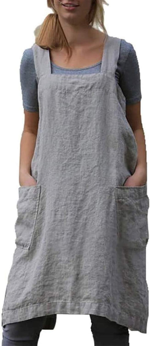 YESDOO Linen Apron: Cross Back Pinafore Dress for Women with Pockets for Baking and Cooking (Grey, Small)