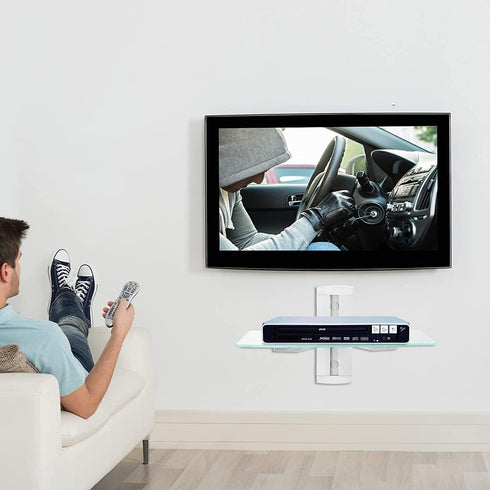 suptek Glass Floating Shelves - TV Wall Mount with Shelf for DVD Player, PS4, Game Consoles, Flat Black