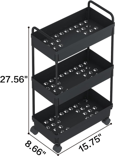 Buzowruil Rolling Storage Cart, 3 Tier Organizer Mobile Shelving Unit with Wheels for Kitchen Bathroom Laundry, Black