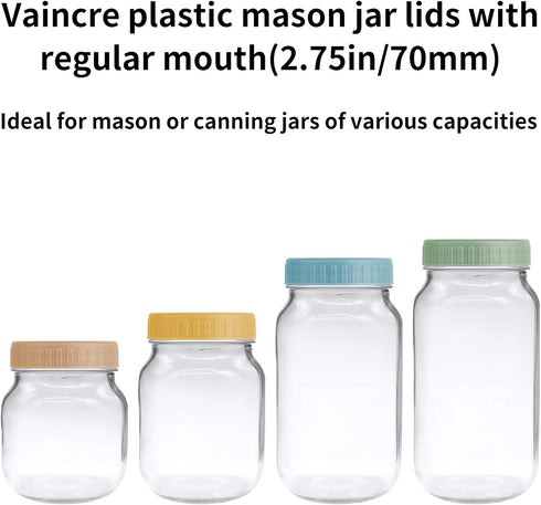 Vaincre 8PCS Mason Jar Lids, Colored Plastic Regular Mouth Leak Proof Canning Lids with Silicone Rings for Ball Jars