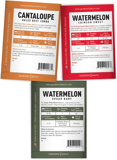 5 Packs Gardeners Basics, Melon Fruit Seeds for Planting Home Garden Variety - Hales Best Cantaloupe, Crimson Sweet