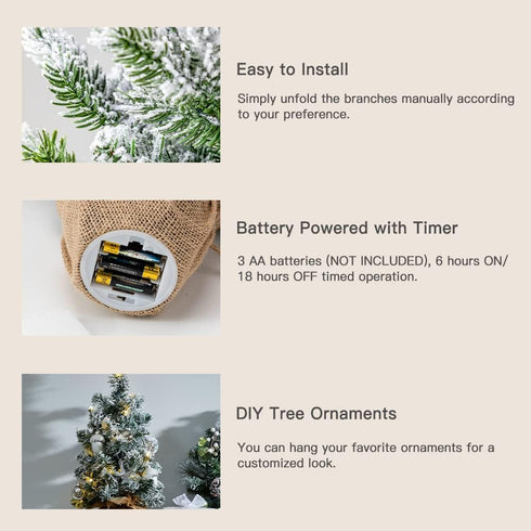 24 Inch 2 FT Pre-lit Snowy Mini Christmas Tree, DECSPAS Small Tabletop Flocked Tree with 20 LED Lights for Holiday Party
