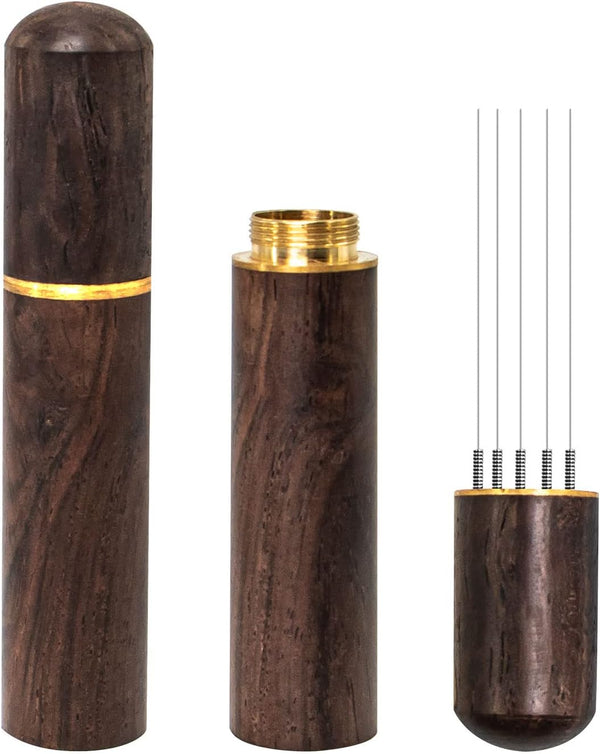 Espresso Coffee Stirrer 5 Needles 0.4mm Distribution Tools with Natural Wood Handle and Stand