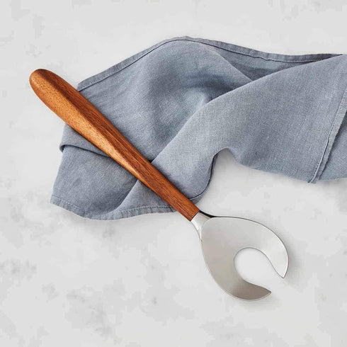 nambe Curvo Serving Fork, 13 Inch Stainless Steel and Acacia Wood, Designed by Steve Cozzolino