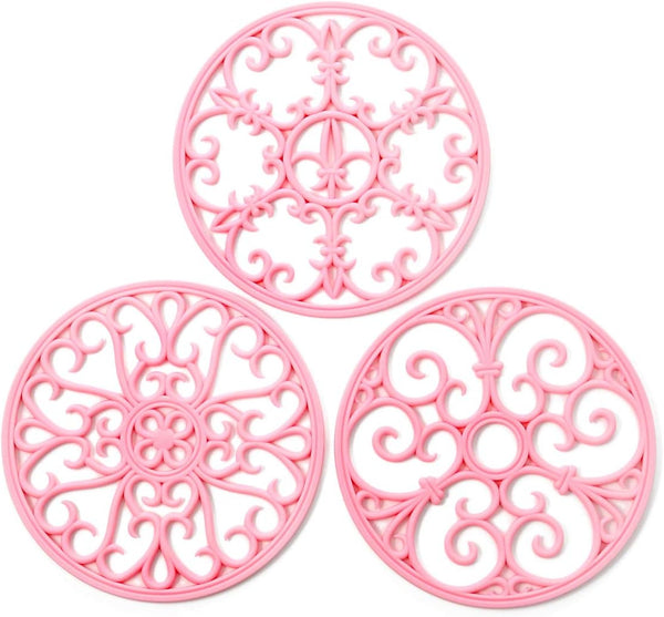 Silicone Trivet Mat, Non-Slip & Heat Resistant Kitchen Hot Pads for Countertops & Table, Set of 3 (Pink)