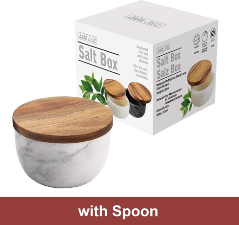 white Marble Base Wood Cover Salt Box with spoon Large Solid Natural Acacia lid white Marble base Elegant Design Decorative Boxes Big Capacity Salt Container Spice Cellar by jalz jalz