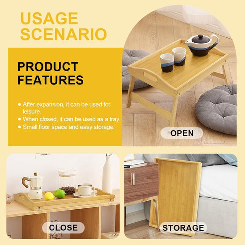 WKWKER Set 2 (Set 2) Bamboo Bed Tray Table with Folding Legs of Foldable Breakfast Tray Portable Serving Table Laptop