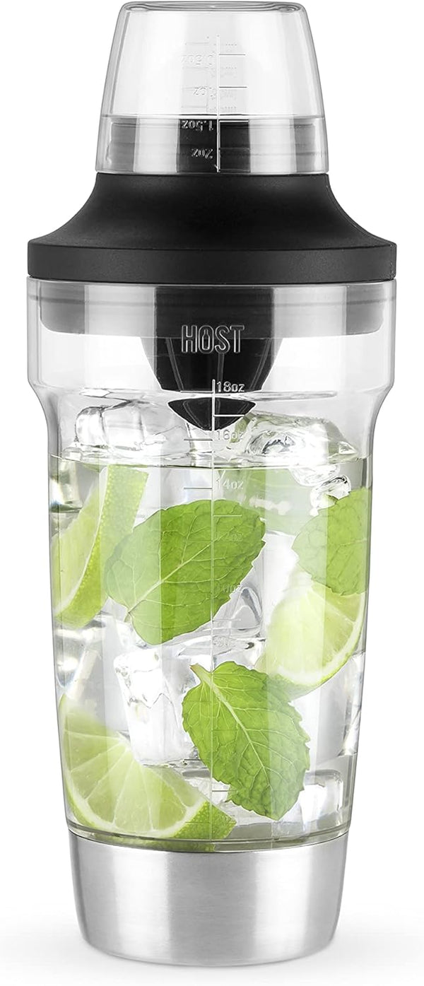 Host All in One Cocktail Shaker Set with Measurements, Reamer, Bottle Opener, Strainer, Jigger, 18 oz