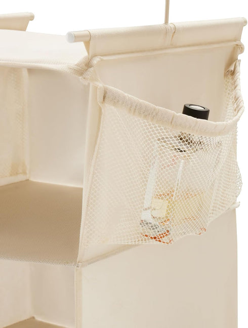 MAX Houser 5 Shelf Hanging Closet Organizer, Foldable Cloth Shelves with 4 Side Pockets, Space Saver - Beige