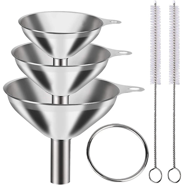 Kitchen Funnels Set for Bottles, 3pc Small/Medium/Large Stainless Steel Metal Funnels with 2 Cleaning Brushes
