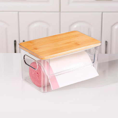 Trash Bag Holder Dispenser, Garbage Bag Dispenser with Bamboo Lid & Handles, Stackable Clear Trash Bag Organizer Under