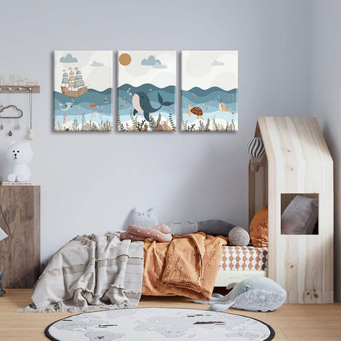 3Pcs 12x16 Inch SUAXTCCR Nautical Nursery Canvas Wall Art Blue Beach Animal Wall Decor Pictures Ocean Kids Room Sea